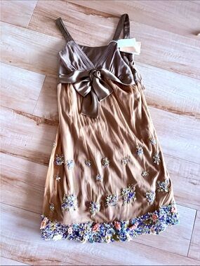 Galliano Brown Satin-Bow Floral Sequin Hem Dress
